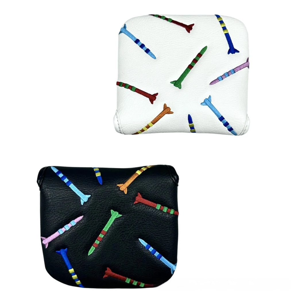 Square golf putter protective sleeve with Rocket Pattern design in PU leather, shown in black and white.