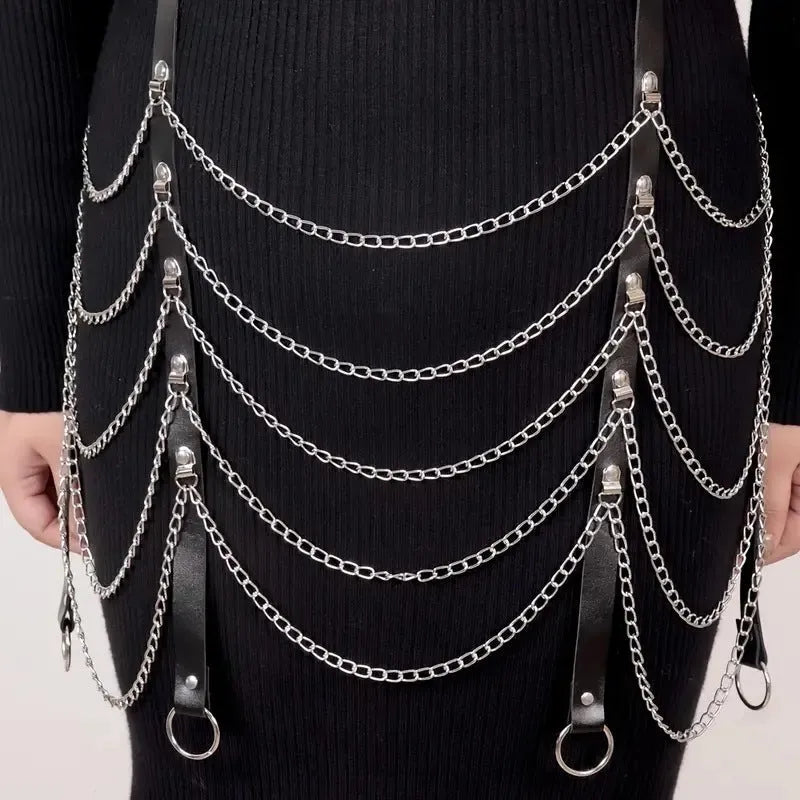 Black PU leather adjustable waist chain with metallic chain detailing for women