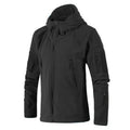 Military outdoor thermal jacket in black, gray, or military green with fleece lining, zip front, and adjustable hood.