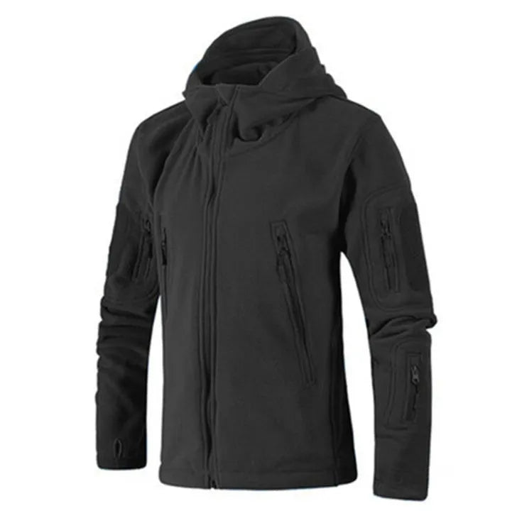 Military outdoor thermal jacket in black, gray, or military green with fleece lining, zip front, and adjustable hood.
