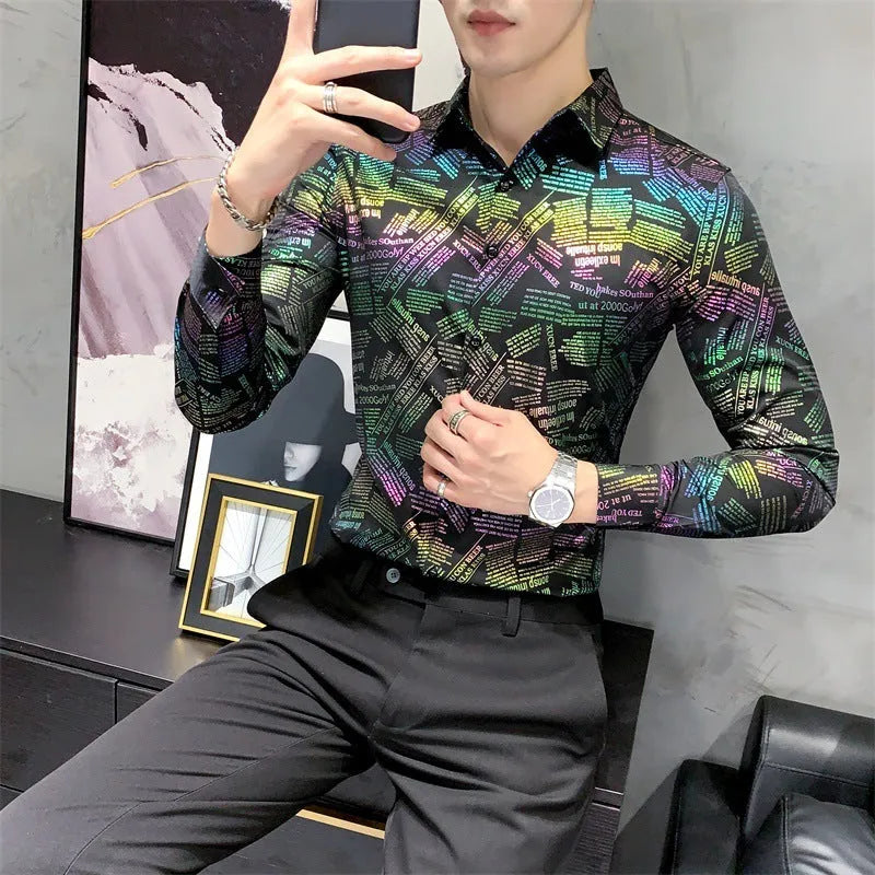 Black long sleeve polyester dress shirt for men with Asian sizing, front view on white background