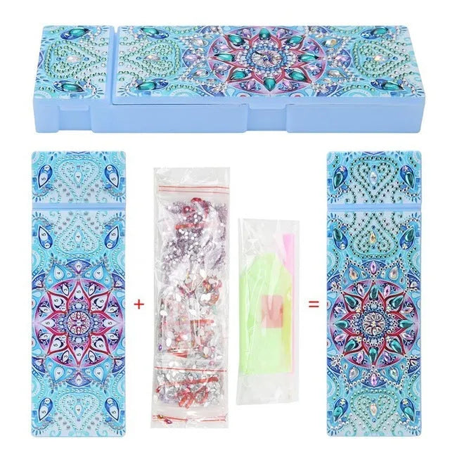DIY diamond painting kit with PU leather wristlet pencil case, resin diamonds, and crafting tools laid out.
