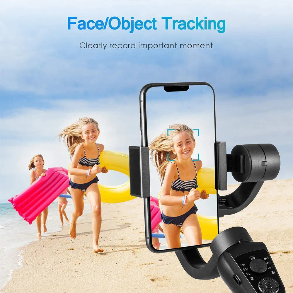 Black three-axis handheld gimbal stabilizer for mobile phones with extended battery and included hard case.
