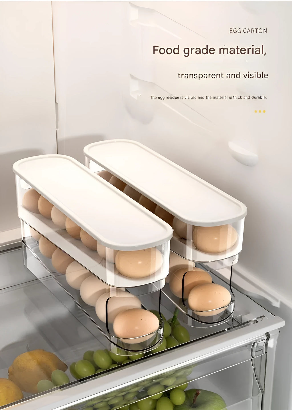 White plastic slide-out egg tray for refrigerator door with automatic dispenser and clear view window.