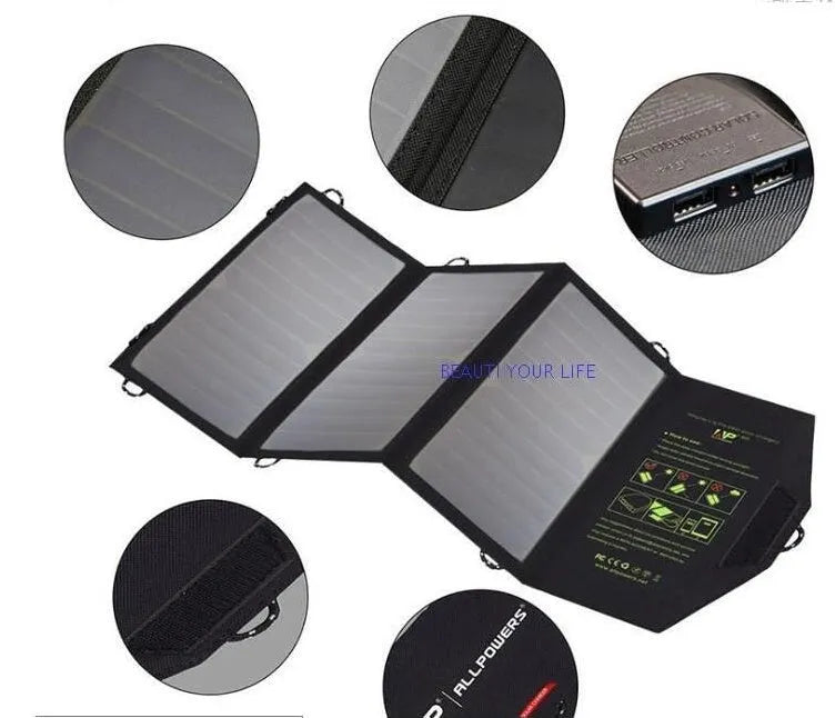 Black foldable portable solar panel charger with dual USB ports for outdoor phone charging