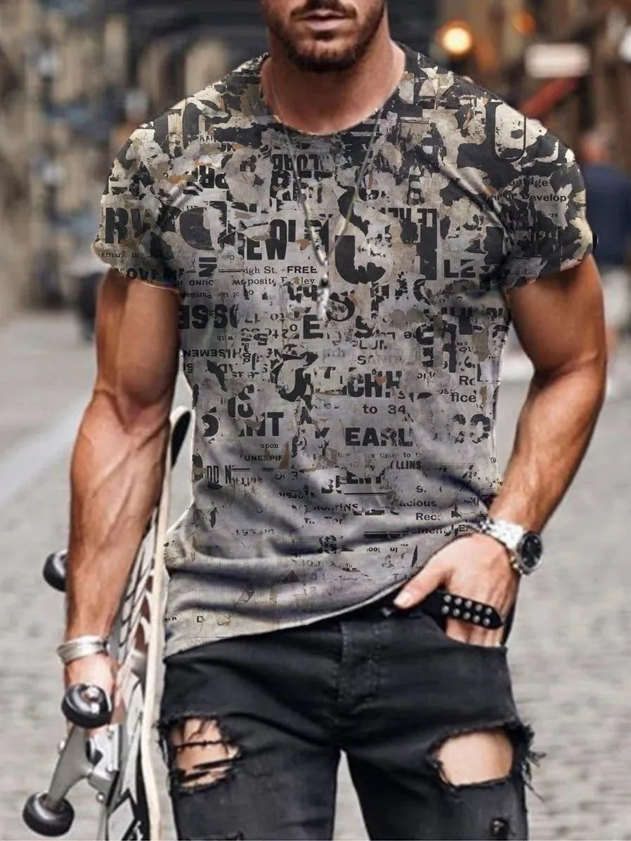 Man wearing a loose-fit camouflage print short-sleeved t-shirt.