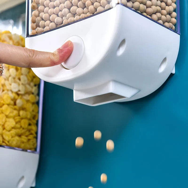 Clear plastic wall-mounted kitchen food storage container with easy-press lid for cereals and dry goods.