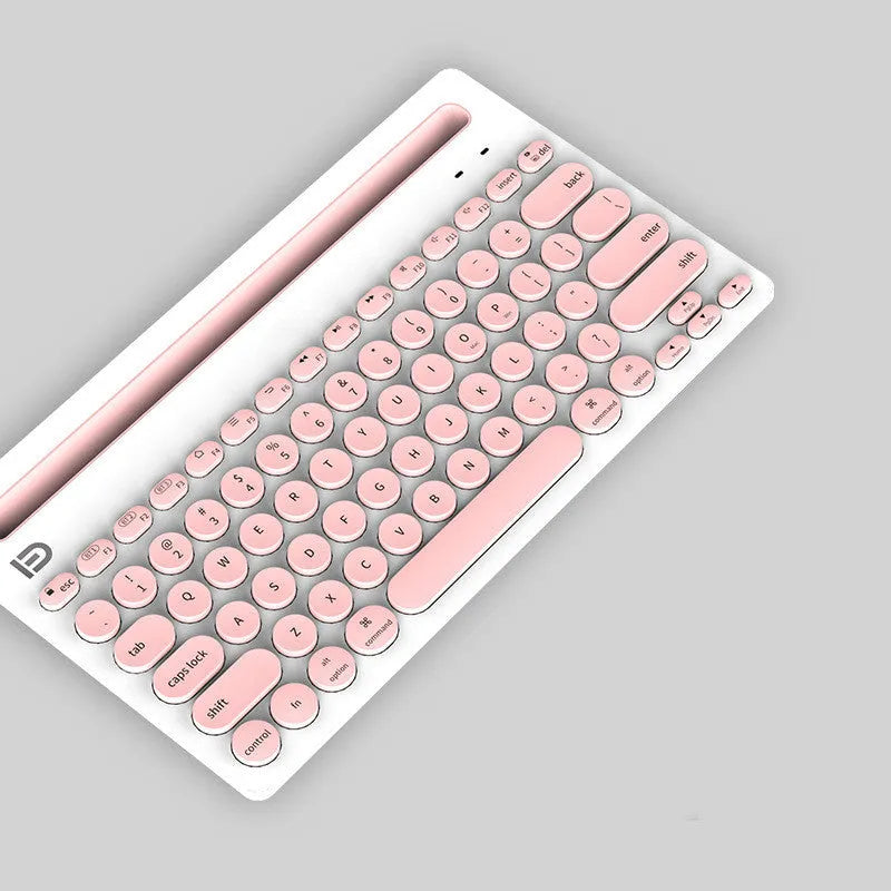 Wireless Bluetooth keyboard in black and pink colours, ultra-slim 22mm profile, compact 297x178mm size for home and office use