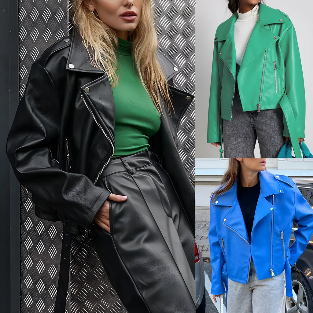 Black punk locomotive jacket with a round Peter Pan collar and a drawstring waist on a hanger.