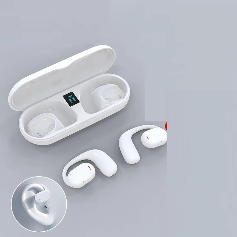 Black and white bilateral stereo Bluetooth earplug headset with its charging case.