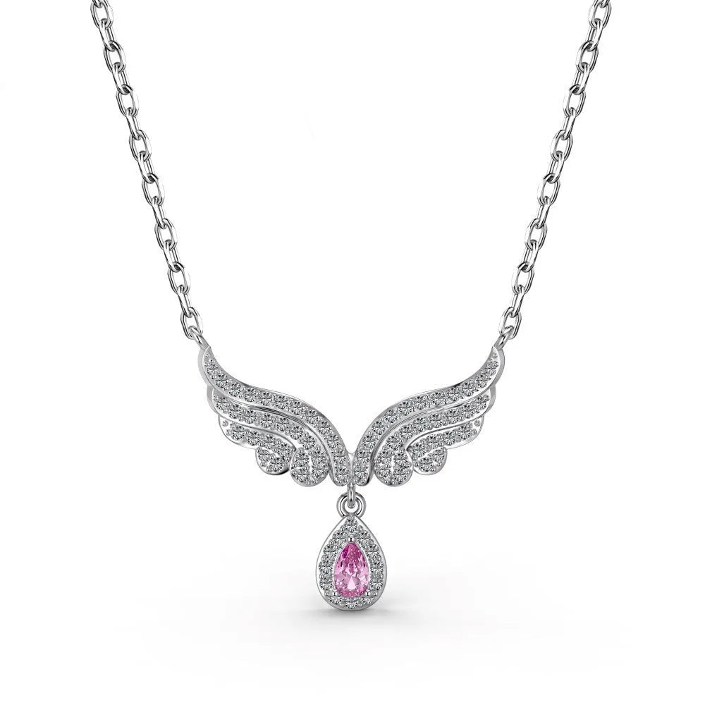 925 silver platinum electroplated pendant necklace with wing water drop shape and clear zircon stone