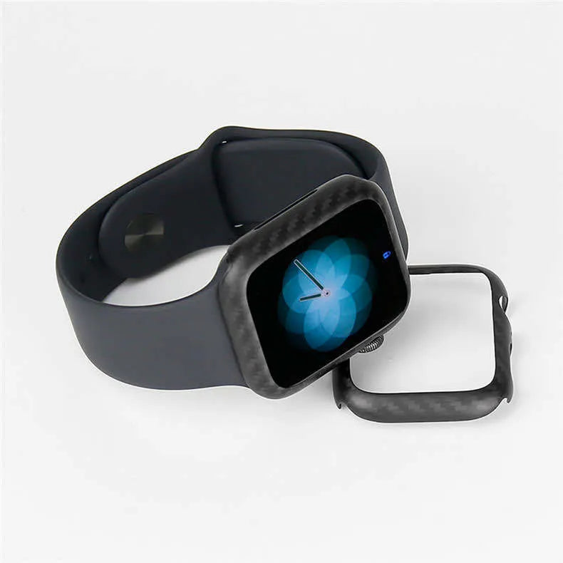 Apple Watch 4 half wrap leather case with carbon fibre accessories in bright black