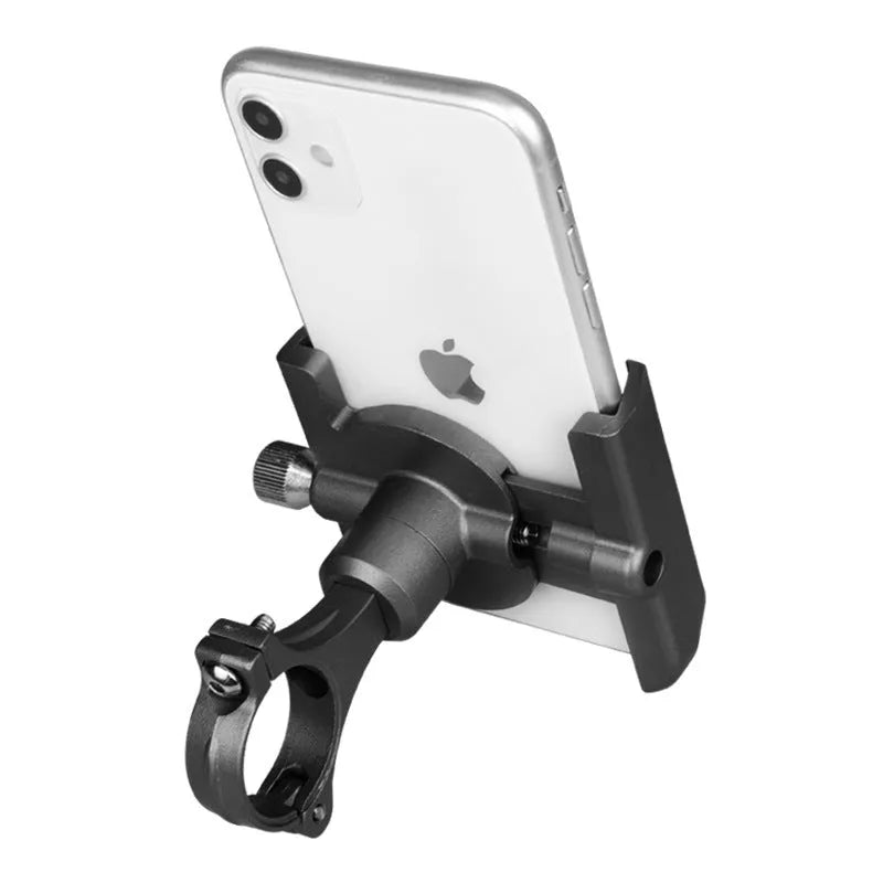 Aluminium bicycle phone holder mounted on handlebar with phone inserted, showing black finish