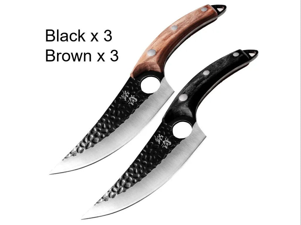 Small curved scimitar slaughter knife with leather sheath for pig butchering