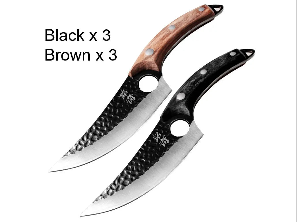 Small curved scimitar slaughter knife with leather sheath for pig butchering