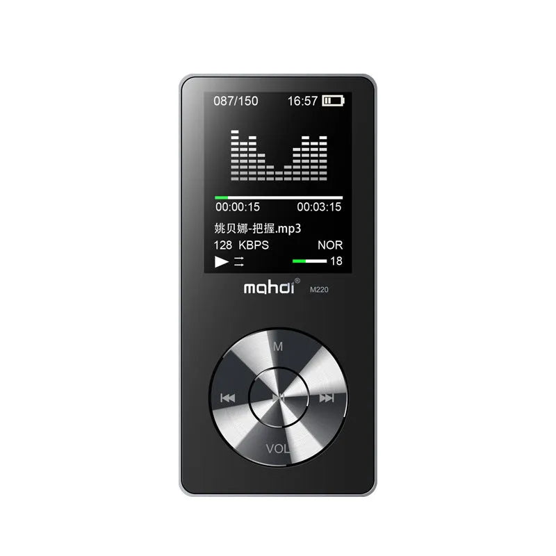 Compact metal MP3 music player with 1.8-inch screen showing music interface