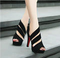 Black suede fish-mouth high heel Rome sandals with buckle strap for women