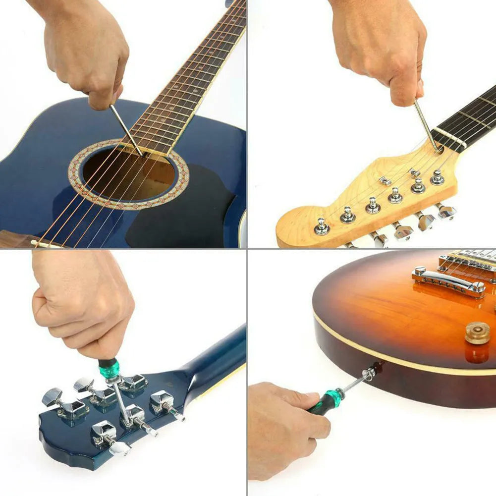 Open black guitar repair kit showing 12 metal tools including truss rod wrenches and a string winder in a zippered case.