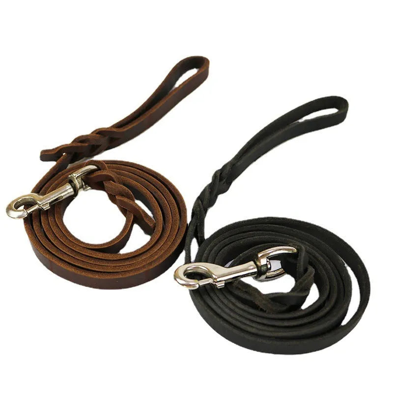 Leather dog walking rope in light brown colour with measurements showing 1.2cm width