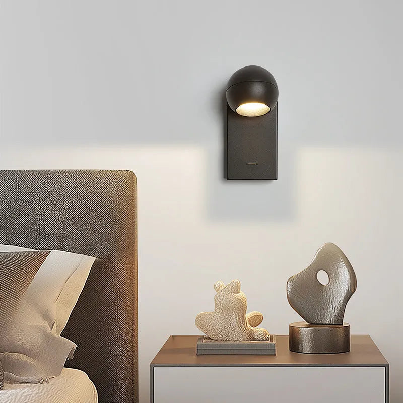Minimalist rotatable LED wall lamp in sand white finish, 7W, showing compact D8x7.5x17x3cm design for bedside use