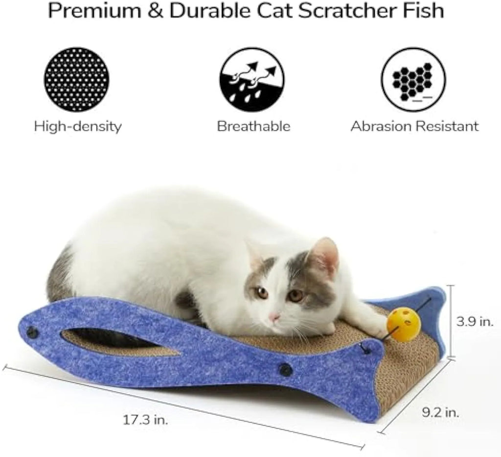 Blue fish-shaped cardboard cat scratcher with bell balls on an elastic cord