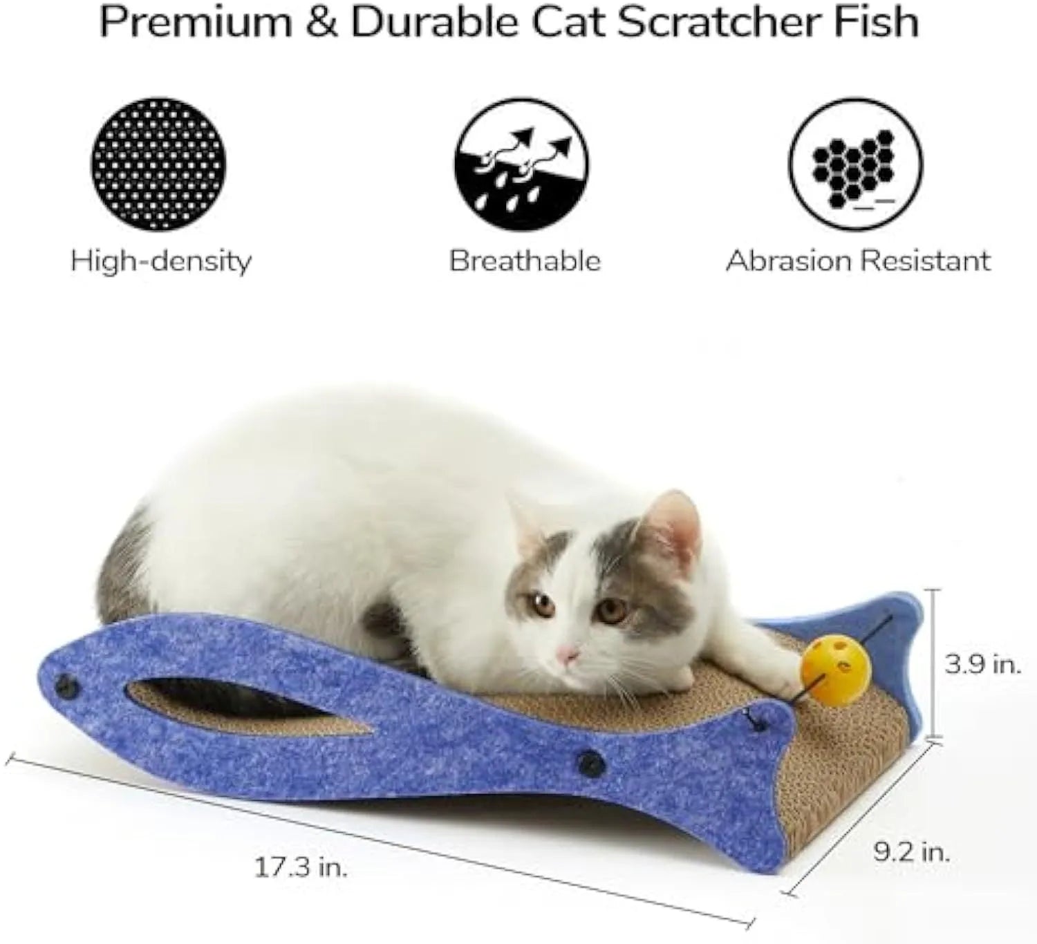 Blue fish-shaped cardboard cat scratcher with bell balls on an elastic cord