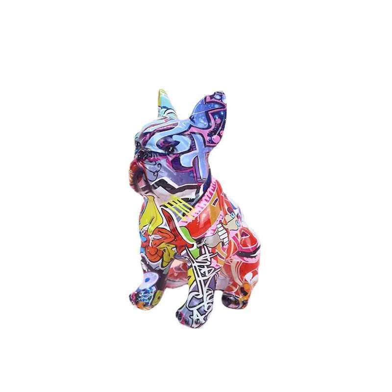 Graffiti-coloured resin French bulldog statue on a shelf