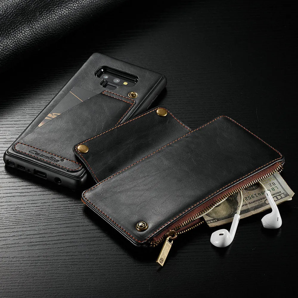 Black PU leather flip phone case open, showing it fitted on a SAMSUNG Note9 smartphone.