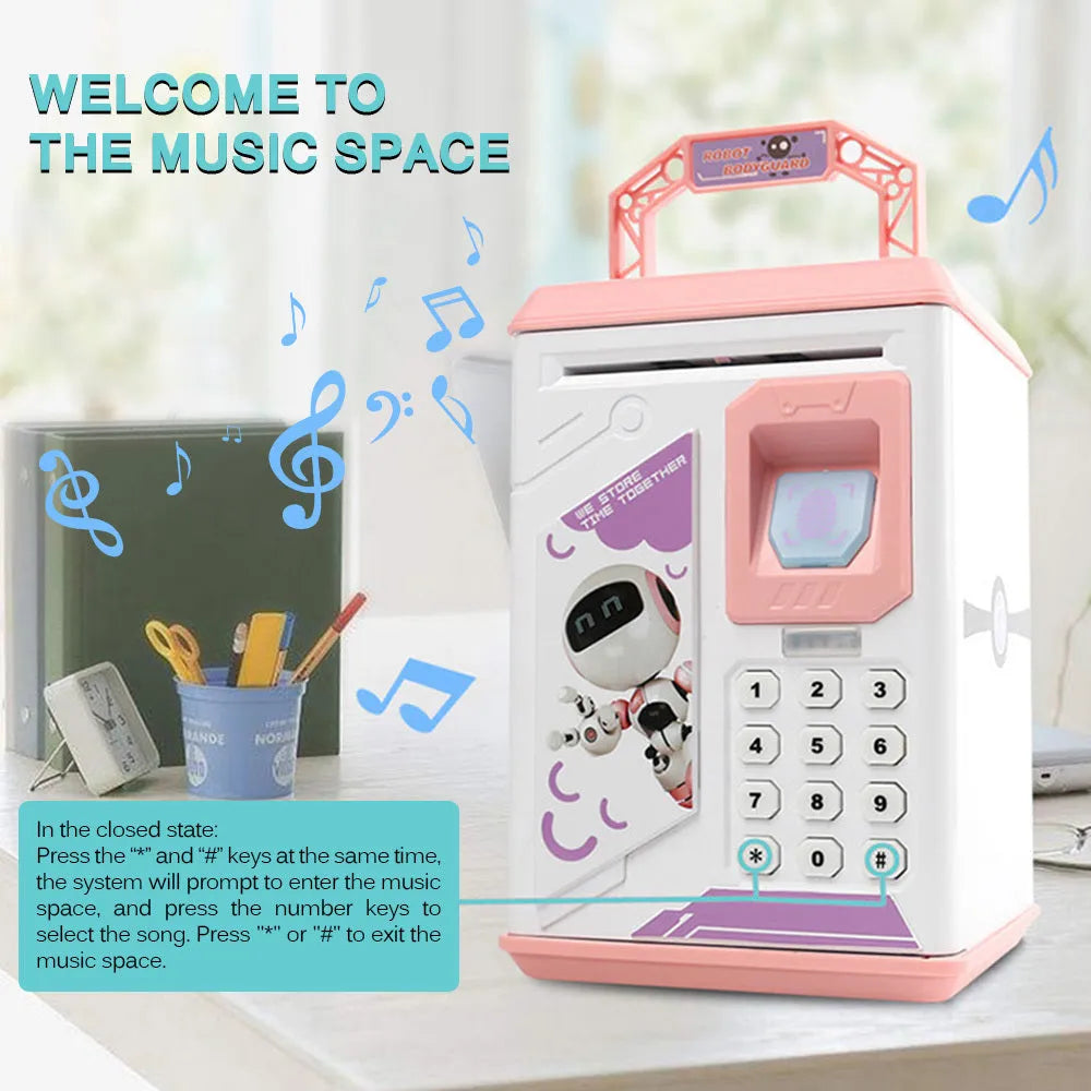 Electronic fingerprint piggy bank in blue or pink, plastic coin and note saving box, 13x13x24cm, 750g