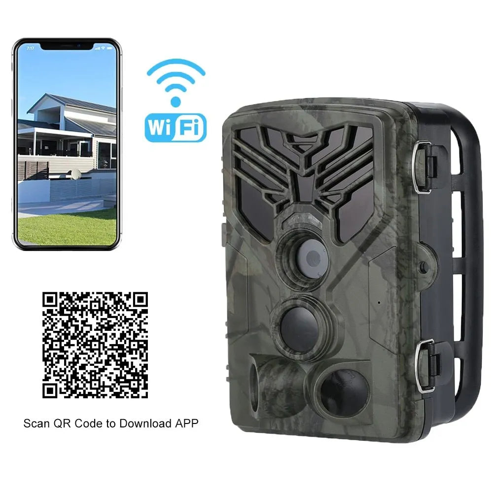 Wifi830 compact WiFi hunting camera with camouflage finish, showing lens and infrared LEDs