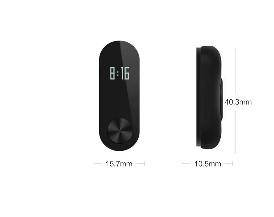 Xiaomi Mi Band 2 black fitness tracker with OLED screen on an adjustable wrist strap.