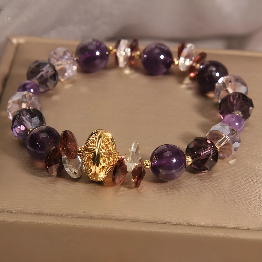 Purple crystal pumpkin bead bracelet with wind chime charms and rhinestone accents for women