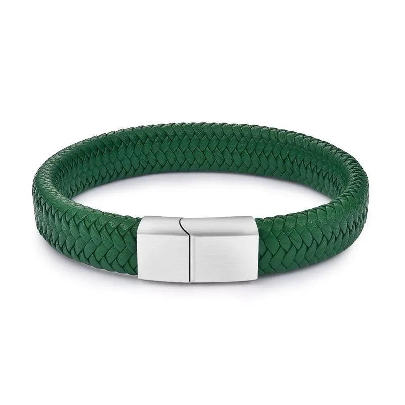 Classic men's genuine leather bracelet in black with 20.5cm length on a neutral background
