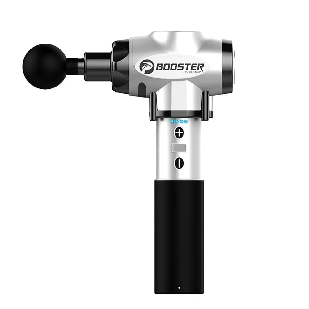 Black and white cordless massage gun for muscle relaxation with adjustable speed settings.