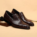 Men's cowhide woven leather business shoes with rubber sole in black, low-top vintage style with leather toe cap