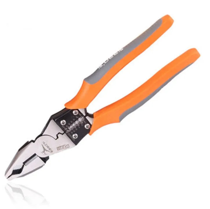 Orange-handled multi-function wire cutter pliers with chrome steel jaws for cutting and stripping electrical wire.