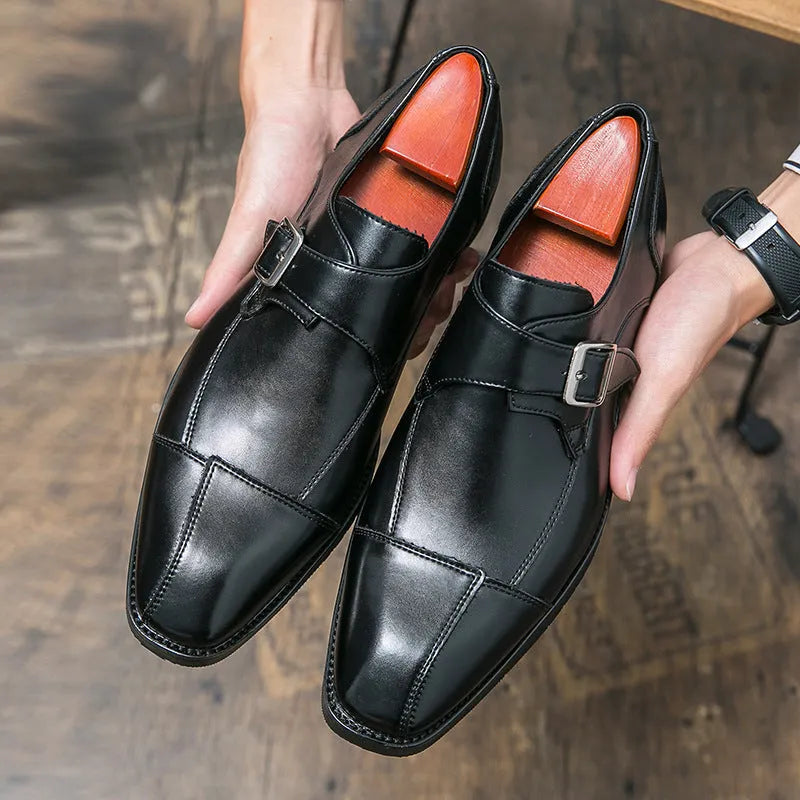 Men's British style casual leather shoes with retro buckle in black and brown blue options