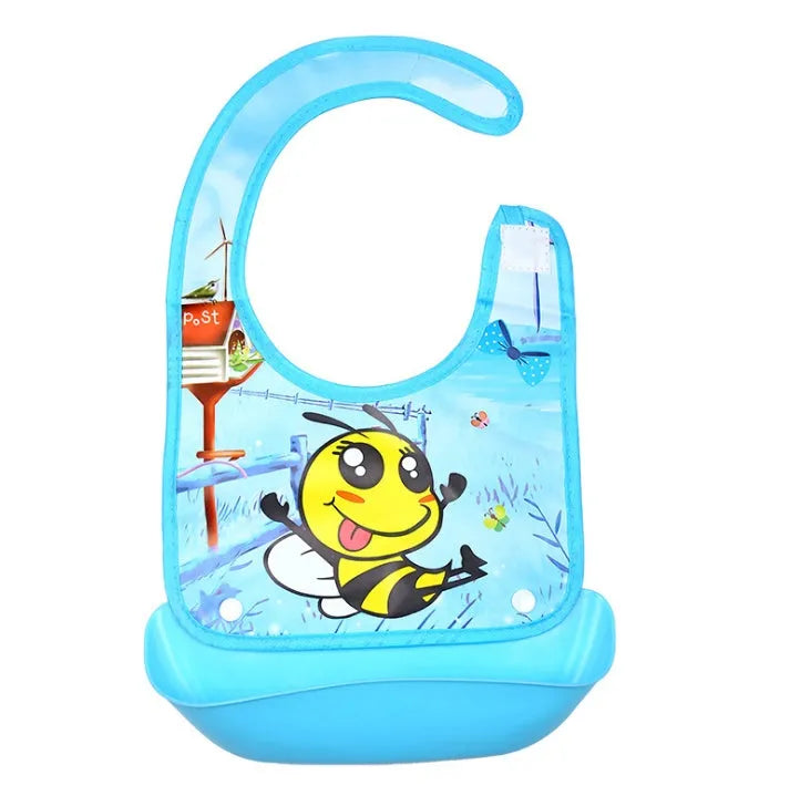 Cartoon baby PVC three-dimensional bib with blue koala design and waterproof silicone pocket