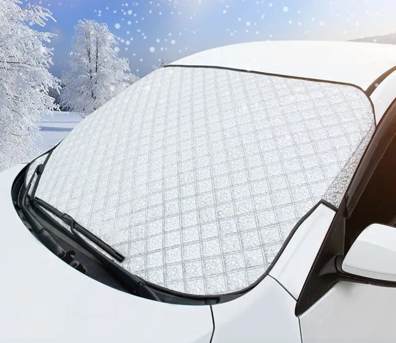 Car snow block front windshield cover in aluminized film, external anti-theft model, sizes 100x147C and 143X93.