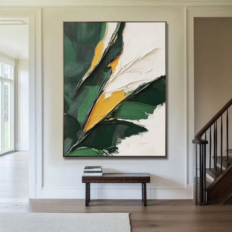 Hand-painted oil painting on canvas with green plants and banana leaves, rolled and unstretched