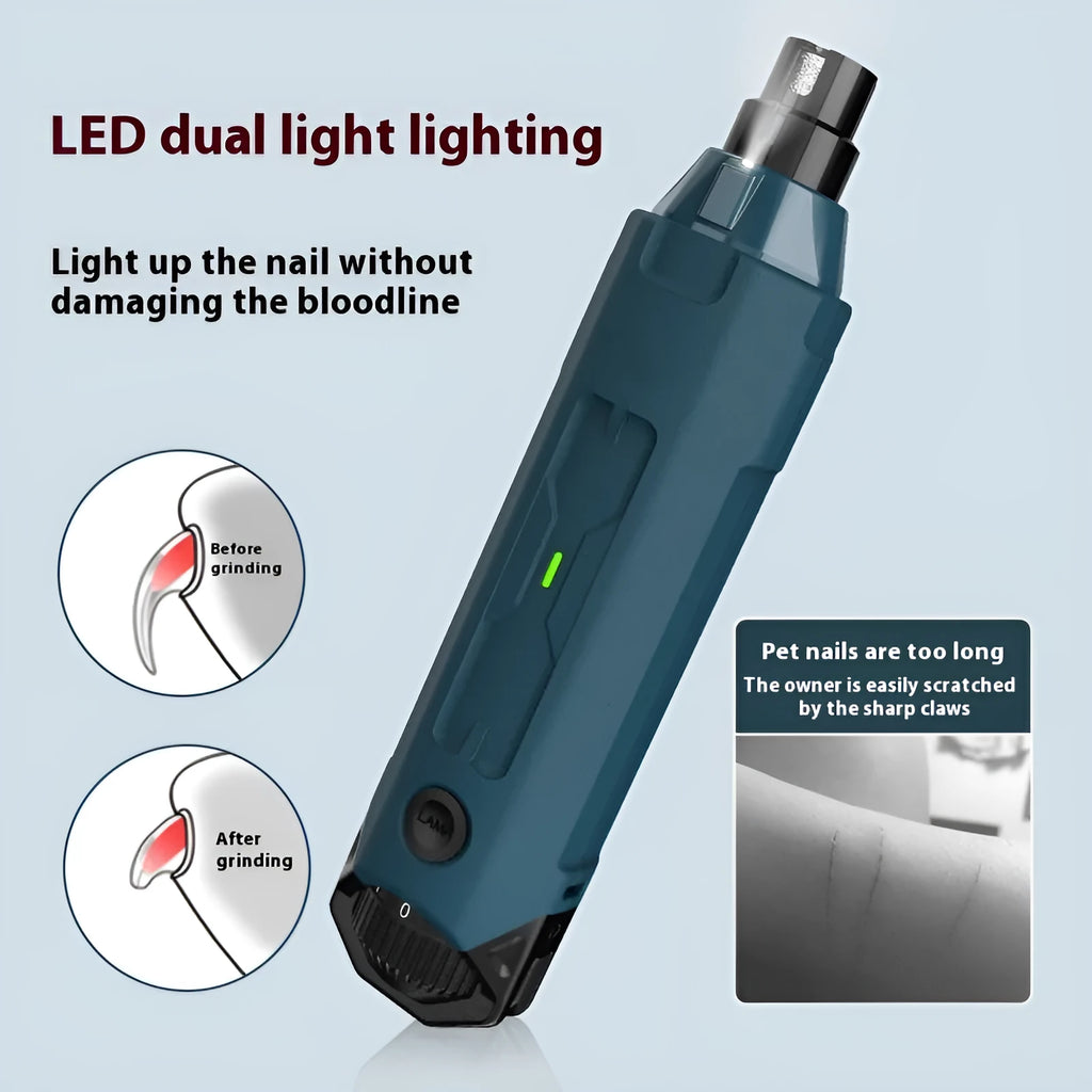 Dark blue pet nail grinder with six-speed control knob and LED light for dog and cat grooming