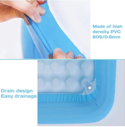 Rectangular inflatable kiddie pool, blue and white PVC, 150cm x 110cm x 50cm, with green base for outdoor summer play