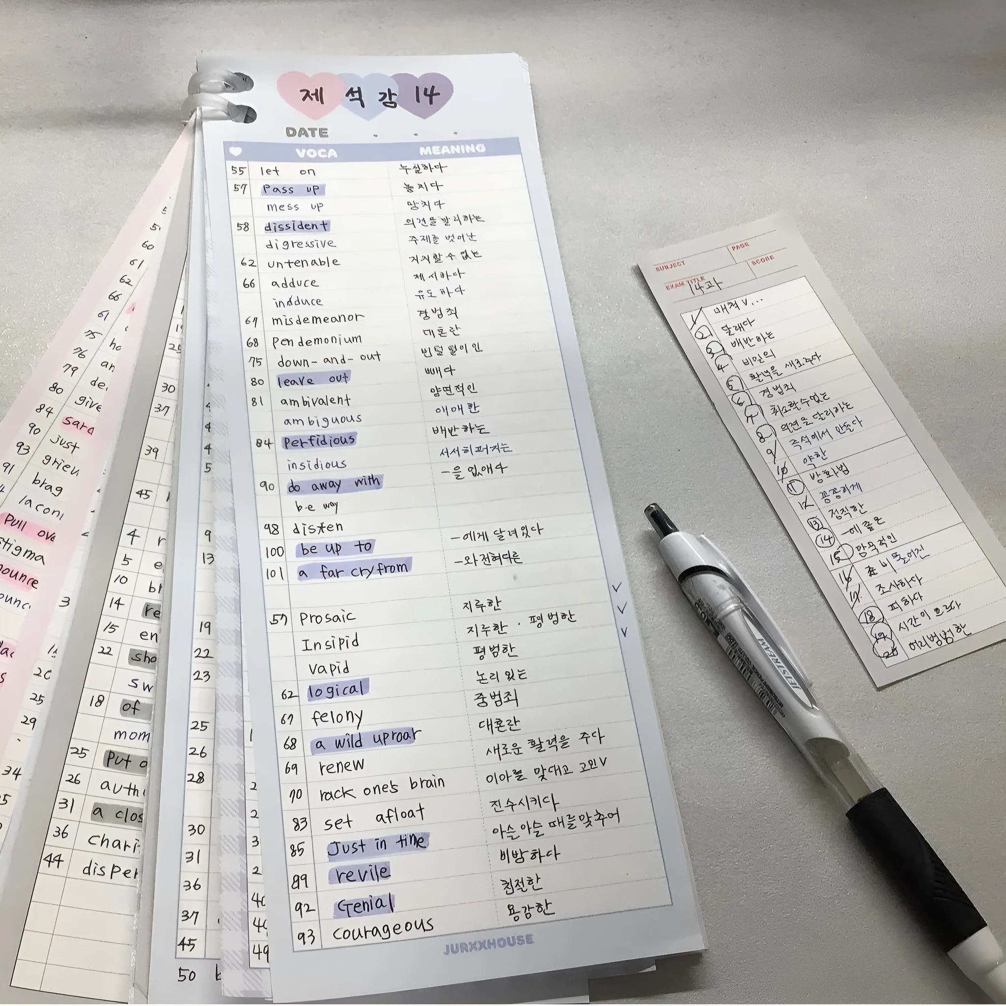 Vertical B5 half-size notepad in blue, pink, or purple cover, showing double-sided pages.