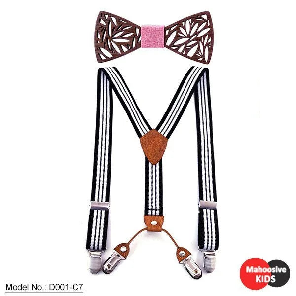 Children's wooden bow tie set with striped suspenders and belt on a boy for wedding