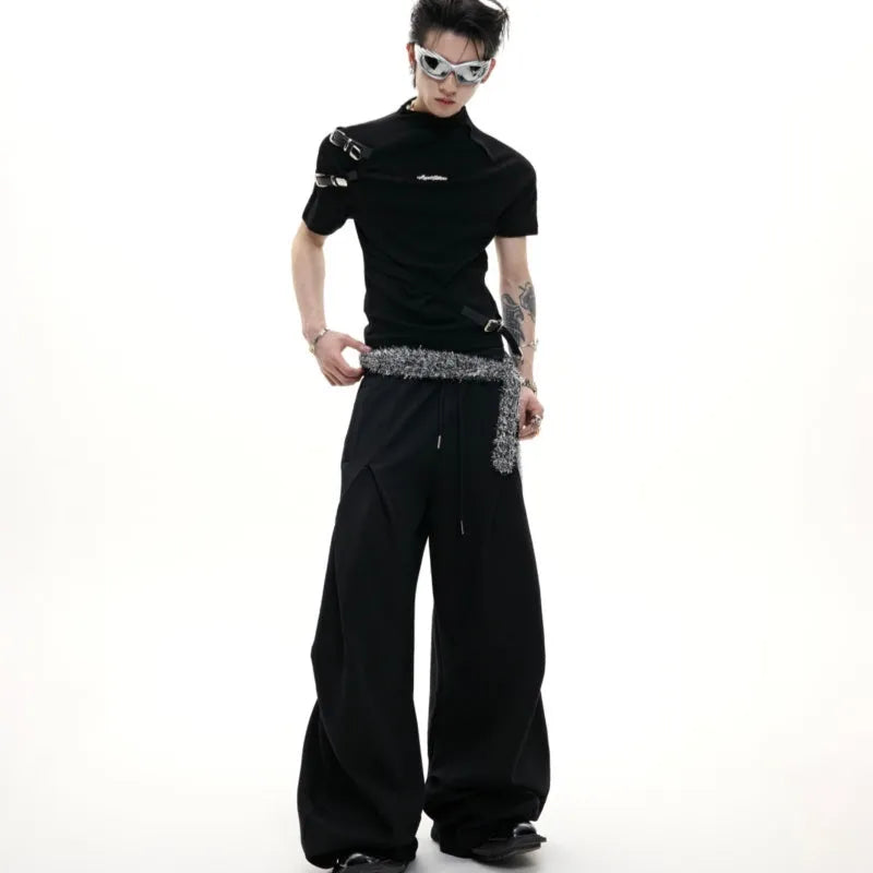 Men's slim fit black cotton T-shirt with a stand-up collar and metal belt design detail on the chest