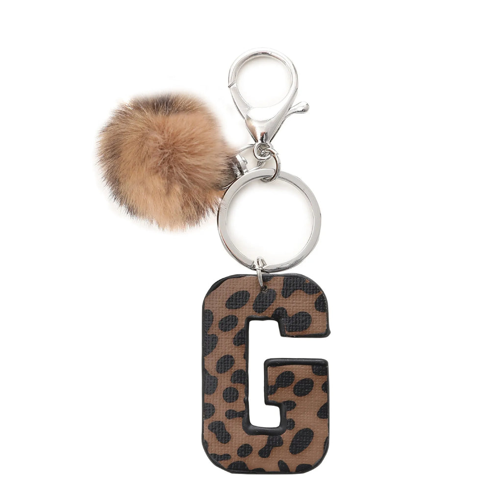 Retro leopard-print oil-edged letter acrylic keychain on artificial leather strap with metal keyring