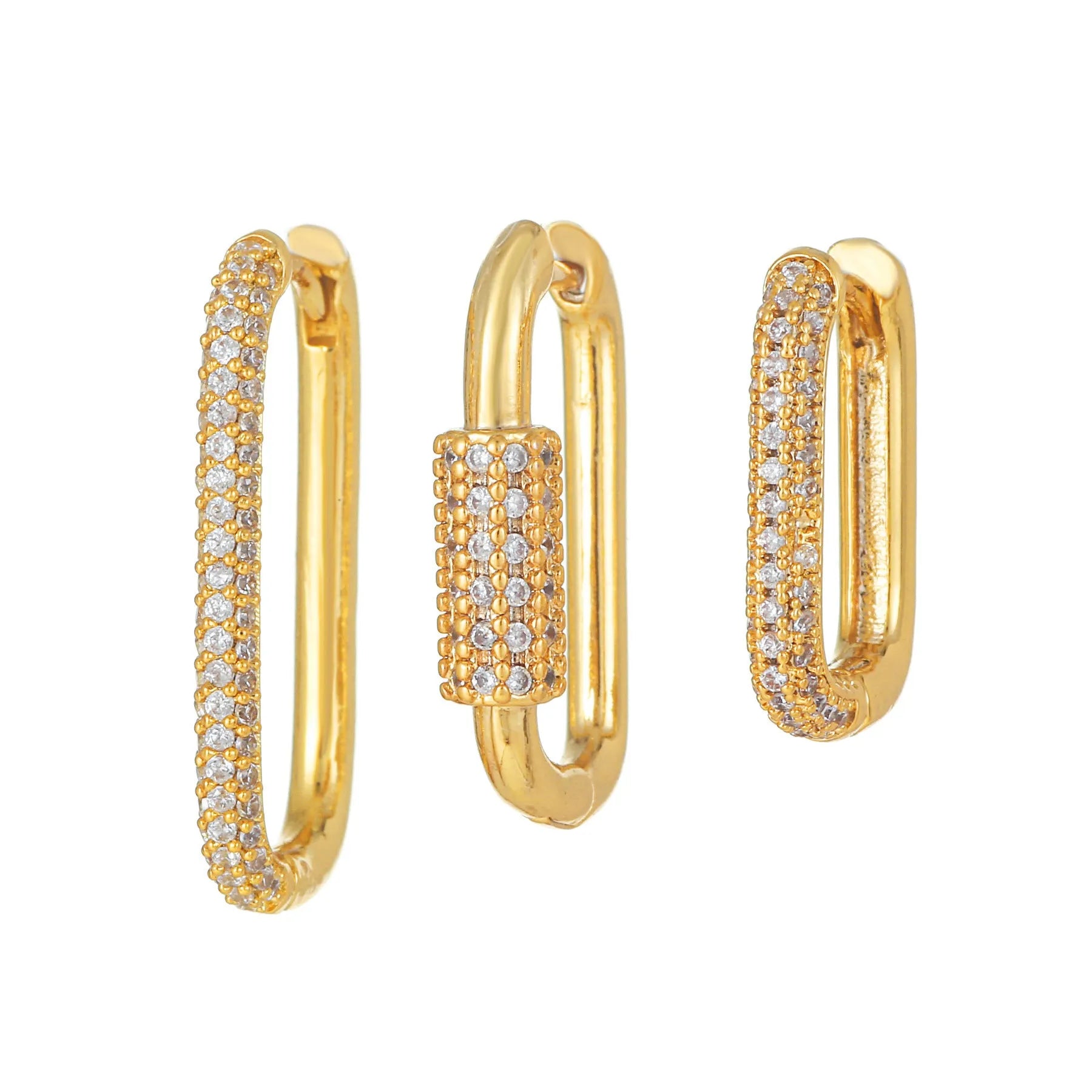 Geometric copper ear clip three-piece set with micro inlaid zircon stones in gold and white colours
