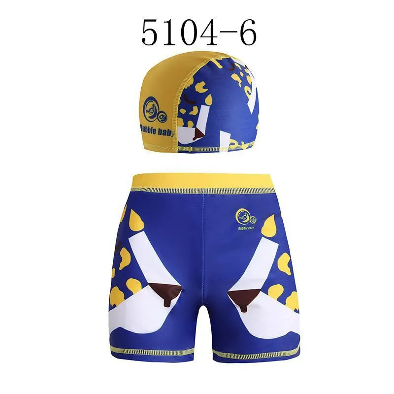 Boys two-piece swimming trunks set with swimming cap, polyester, sizes 80-120, seven styles