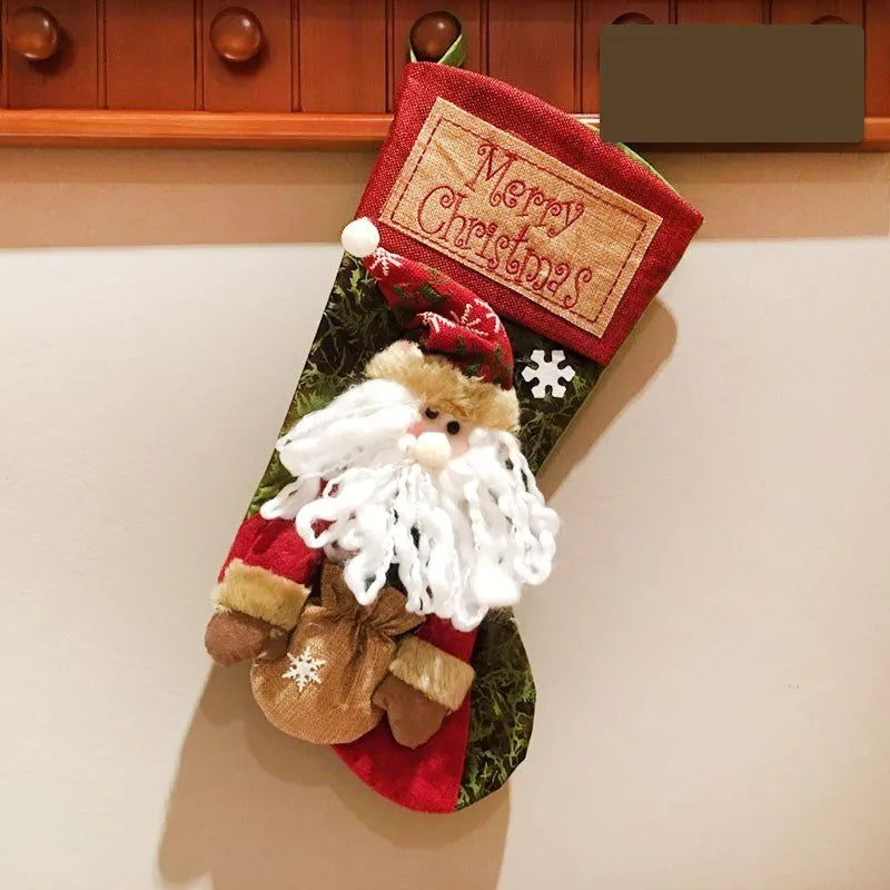 Christmas stocking decorations with 3D applique snowman, Santa elf and reindeer designs in mixed colours