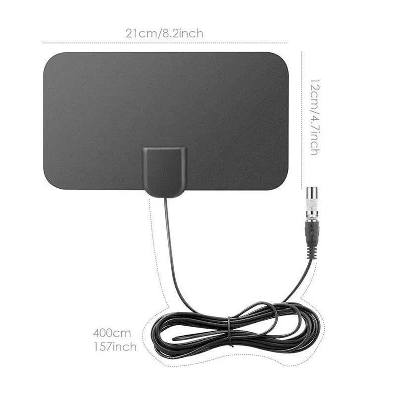 Black flat panel digital HD indoor TV antenna 210x120mm with 3m coaxial cable F-head connector and mounting paste